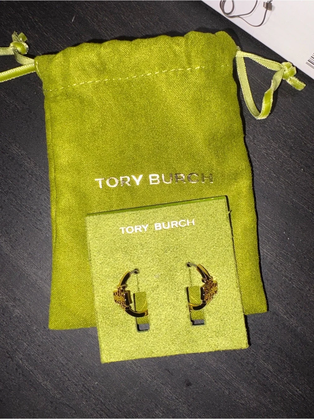 Tory Burch BRITTEN HOOP EARRING Gold Logo Hoop Earrings with Lime Green Pouch